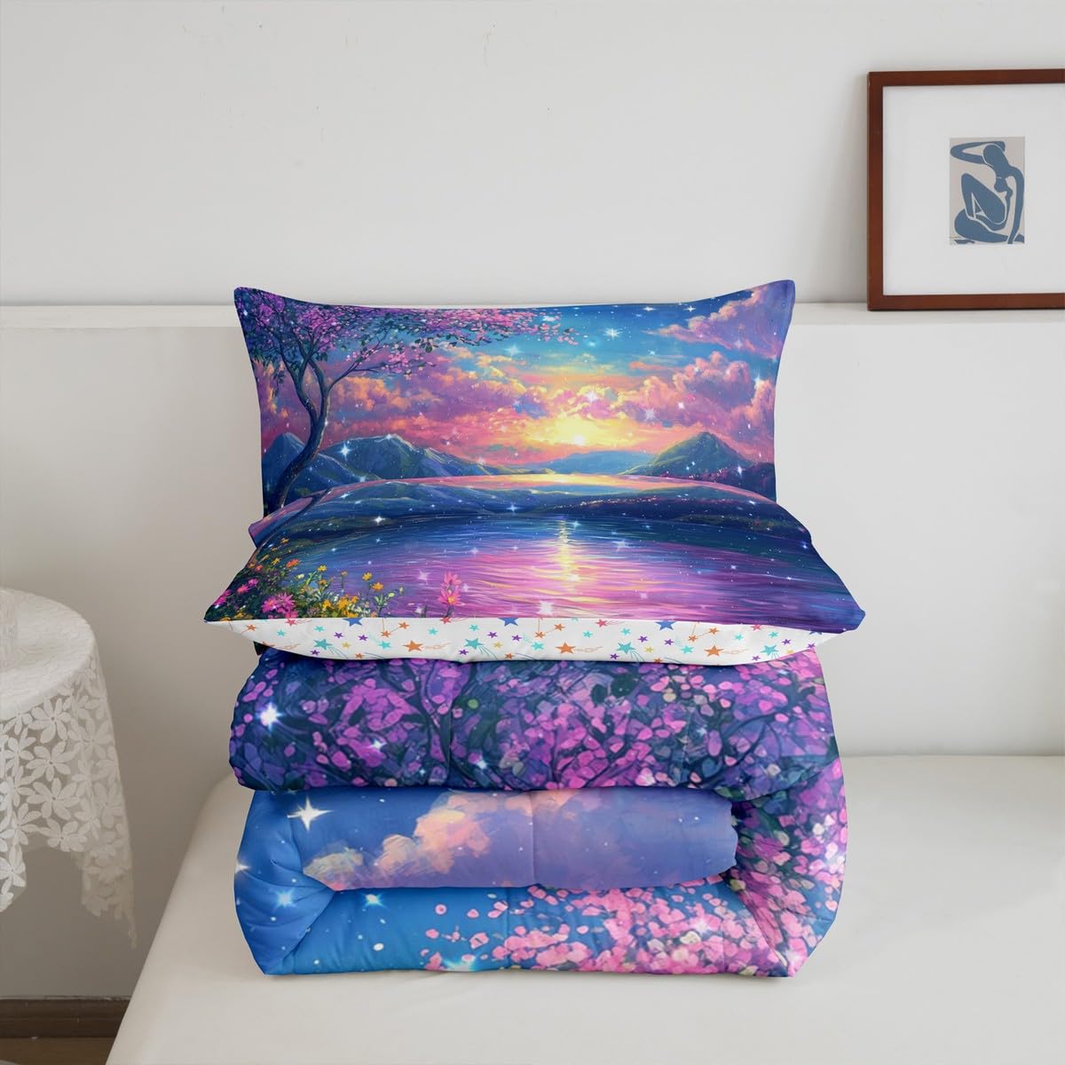 Rustic Flowers Queen Bedding Set for Kids Adults,Romantic Lakeside Trees Flowers Comforter Bed Set,Shining Starry Sky Quilt Set 3 PCS,Watercolor Lake Landscape Duvet Insert,2 Pillow Cases