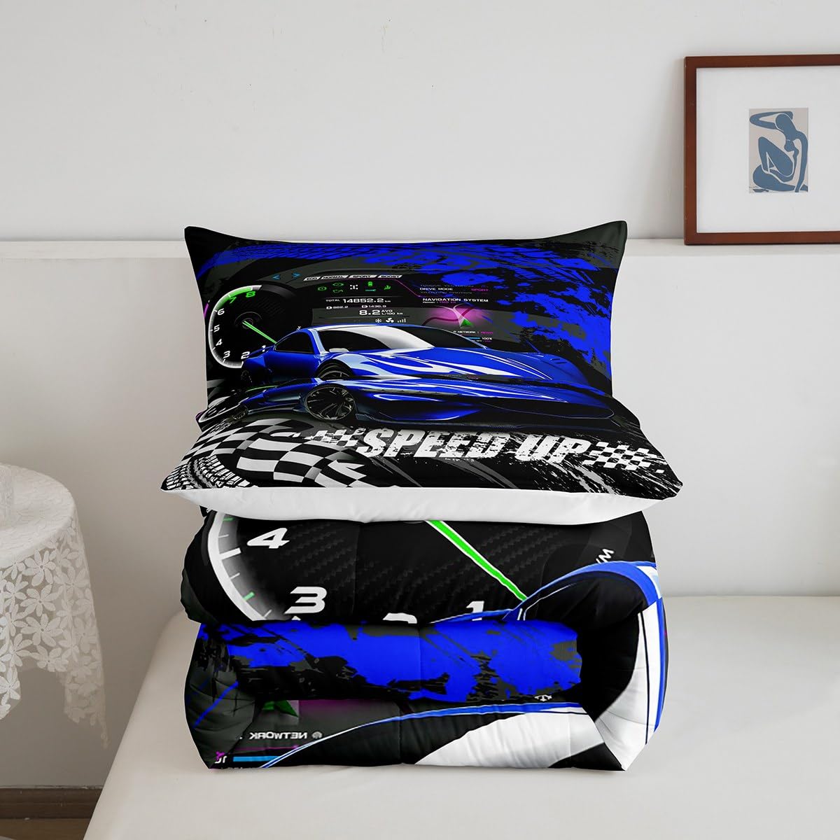 Feelyou Blue Race Car Comforter Twin, Sports Car Comforter Set for Kids Boys Girls Race car Bedding Set Racing Car Duvet Set with 1 Pillow Case