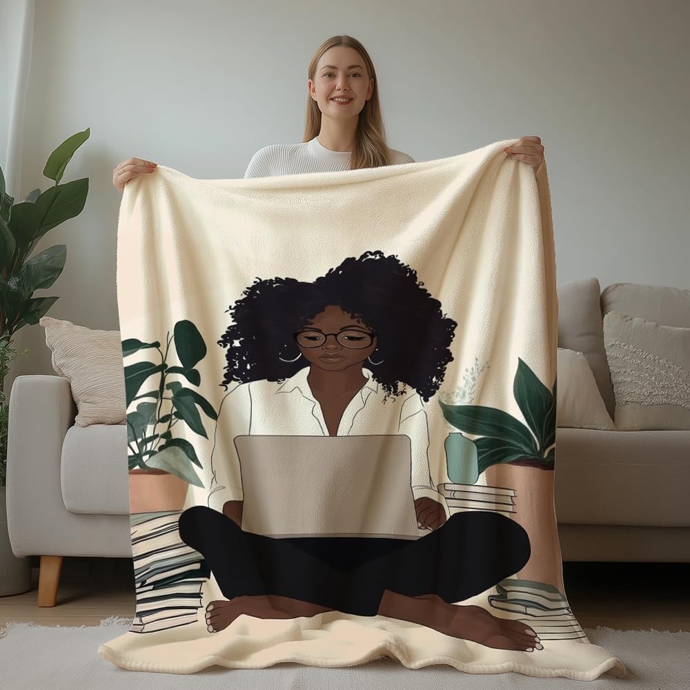 HUNXIAOJ African American Gifts for Women Black Girl Blanket Boho Print Blanket African American Decor Warm Soft Flannel for Girls Woman Teens Adults Bed Sofa Couch (50 in x 60 in)