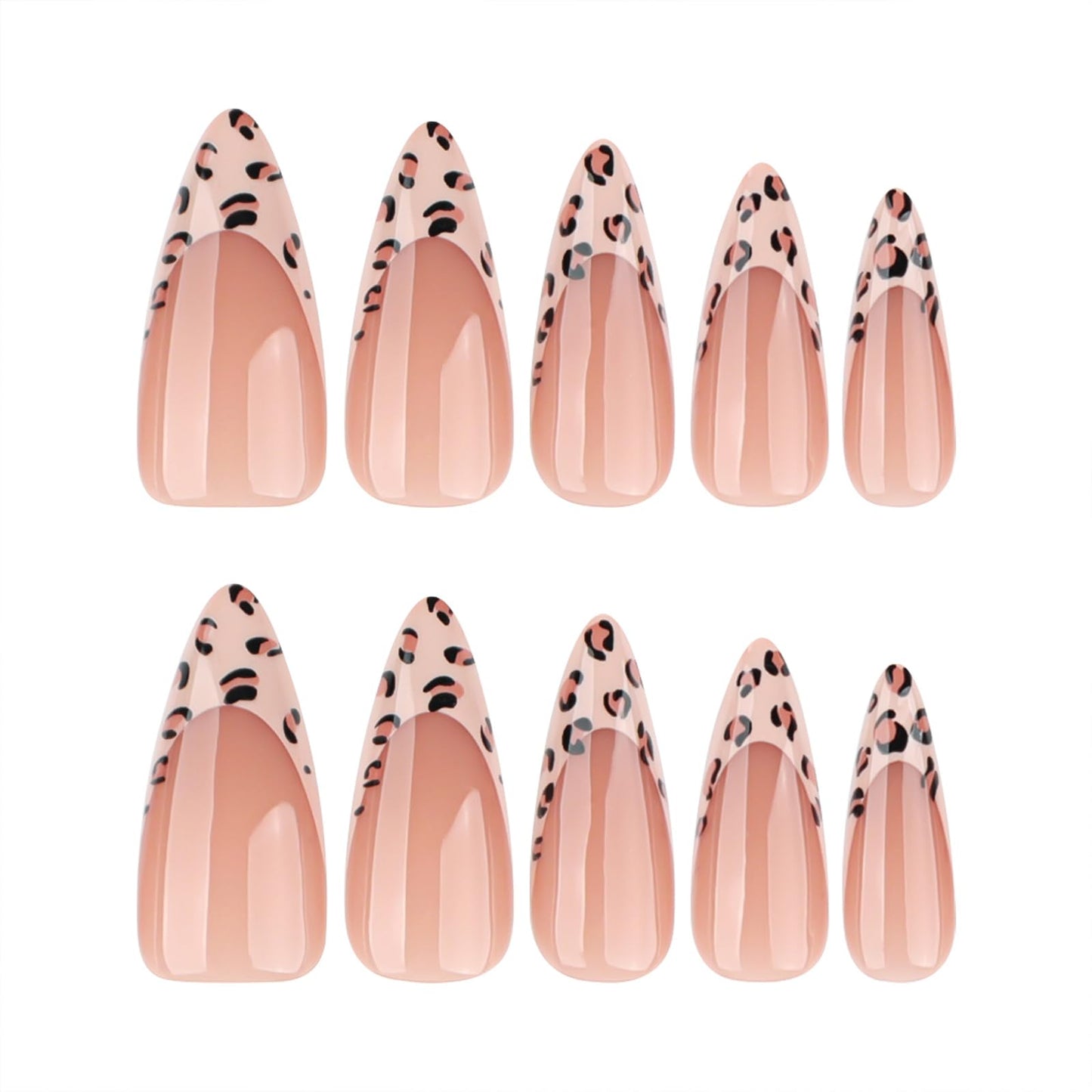 Mivota Leopard French Press On Nails 24pcs, Medium Stiletto Nude Fake Nails with Leopard Print Tips, Glossy Acrylic False Nails, Reusable Stick On Nails Kit for Women Girls Manicure
