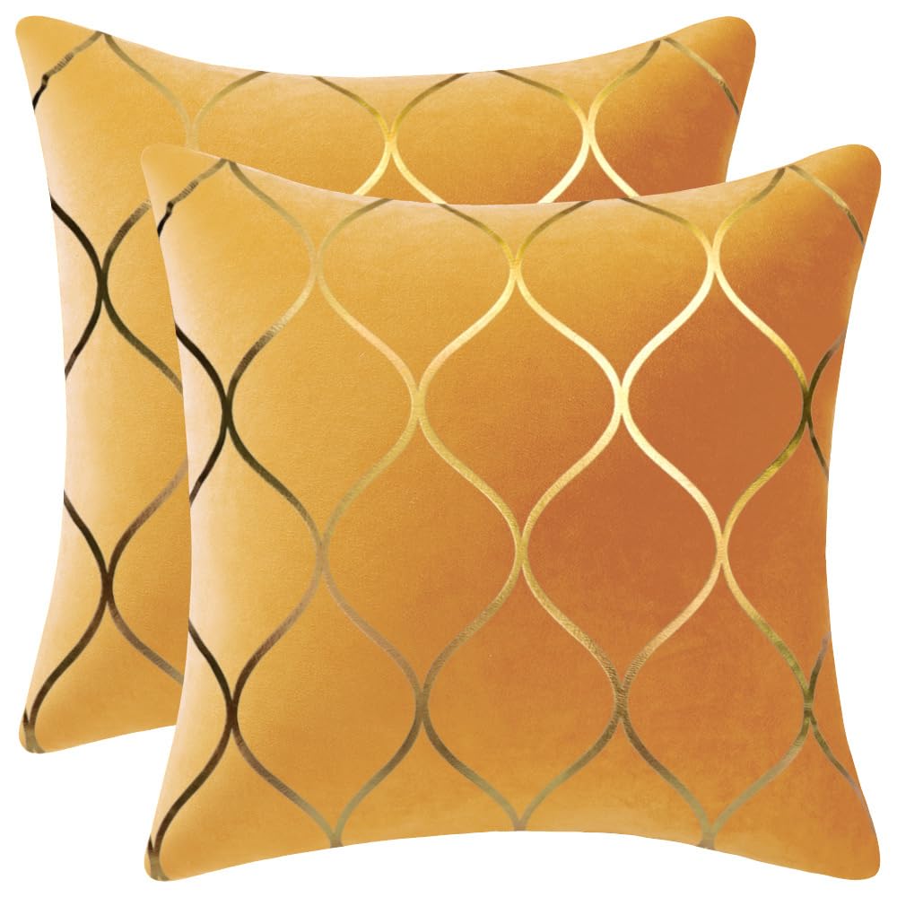DEZENE 26x26 Inch Gold Velvet Euro Sham Pillow Covers: 2 Pack Square Decorative Pillow Cases for Bedroom Sofa Couch Living Room, Yellow