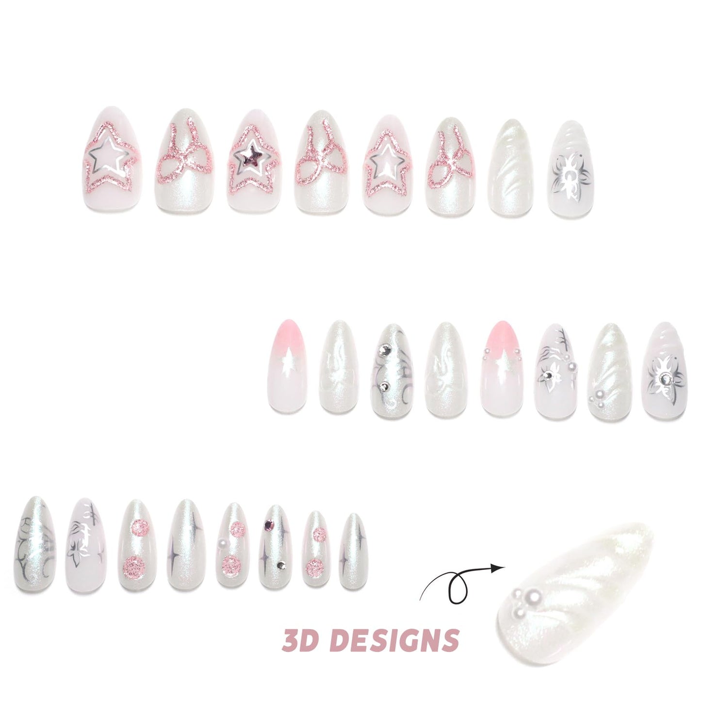 IMSOHOT Chrome Press on Nails Medium Almond Fake Nails with Pink Star Bow Designs Glossy Gel Handmade Acrylic Nail Supplies Full Cover Cute Artificial Glitter Stick on Nails