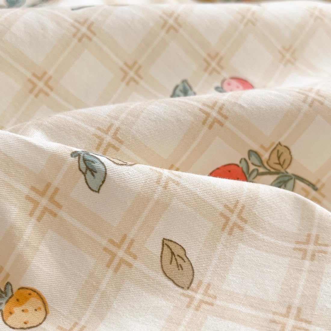 LIWHENHAO Strawberry Duvet Cover Set Twin 100% Cotton Bedding Red Yellow Fruit Floral Flower on Cream White 1 Plaid Grid Comforter Cover Zipper Closure 2 Pillowcases for Kids Girls Boys