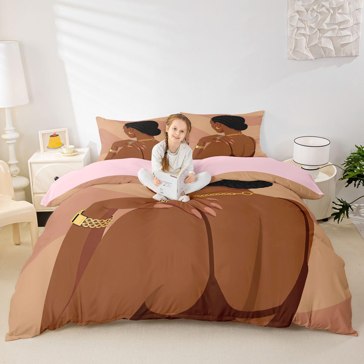 Erosebridal Fashion Black Woman Bedding Set Full Size 3 Piece Romantic Makeup Themed Girls Duvet Cover Fashionable Gorgeous Comforter Cover Vogue Afro Girls Bed Set for Kids Teens Adult Bedroom