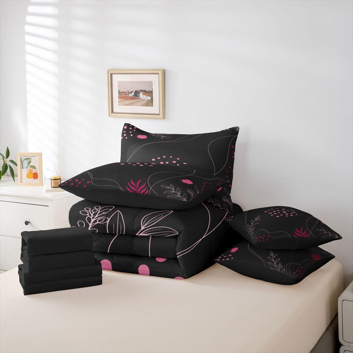 Erosebridal Boho Black Pink 7 Piece Comforter Set Full Bed in a Bag Mid Century Modern Bedding Sets Geometric Lines Comforter and Sheet Set, Modern Abstract Bed Sets