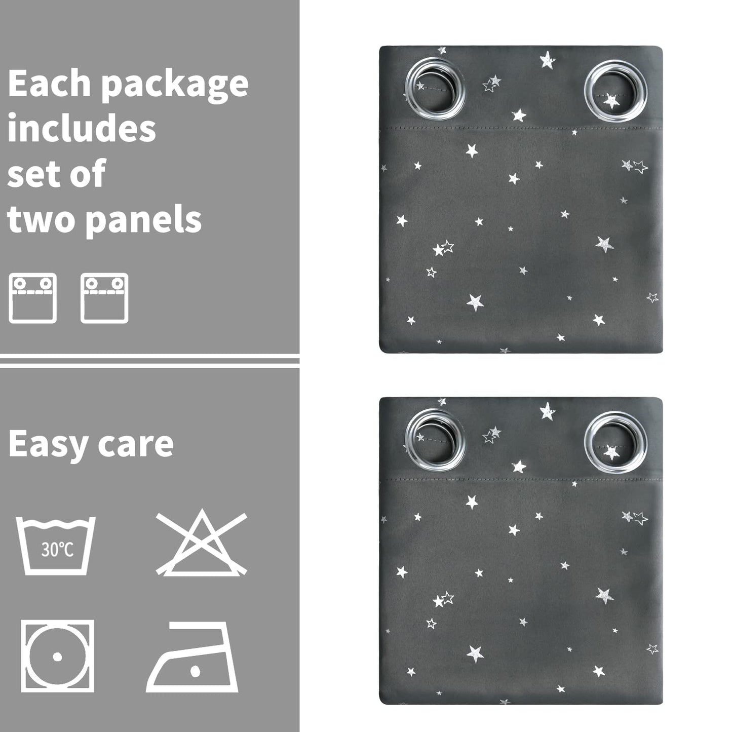 BGment Dark Grey Blackout Curtains for Kid's Bedroom - Grommet Thermal Insulated Room Darkening Silver Star Printed Curtains for Living Room, Set of 2 Panels (42 x 63 Inch, Dark Grey)