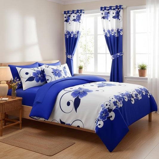 12-Piece Royal Blue Gardenia Duvet Cover Set King with Curtains, Floral Bed in a Bag King with Sheets, Matching Curtains Comforter Cover, Soft Microfiber Bedding Set Zipper Closure, Ideal Gift