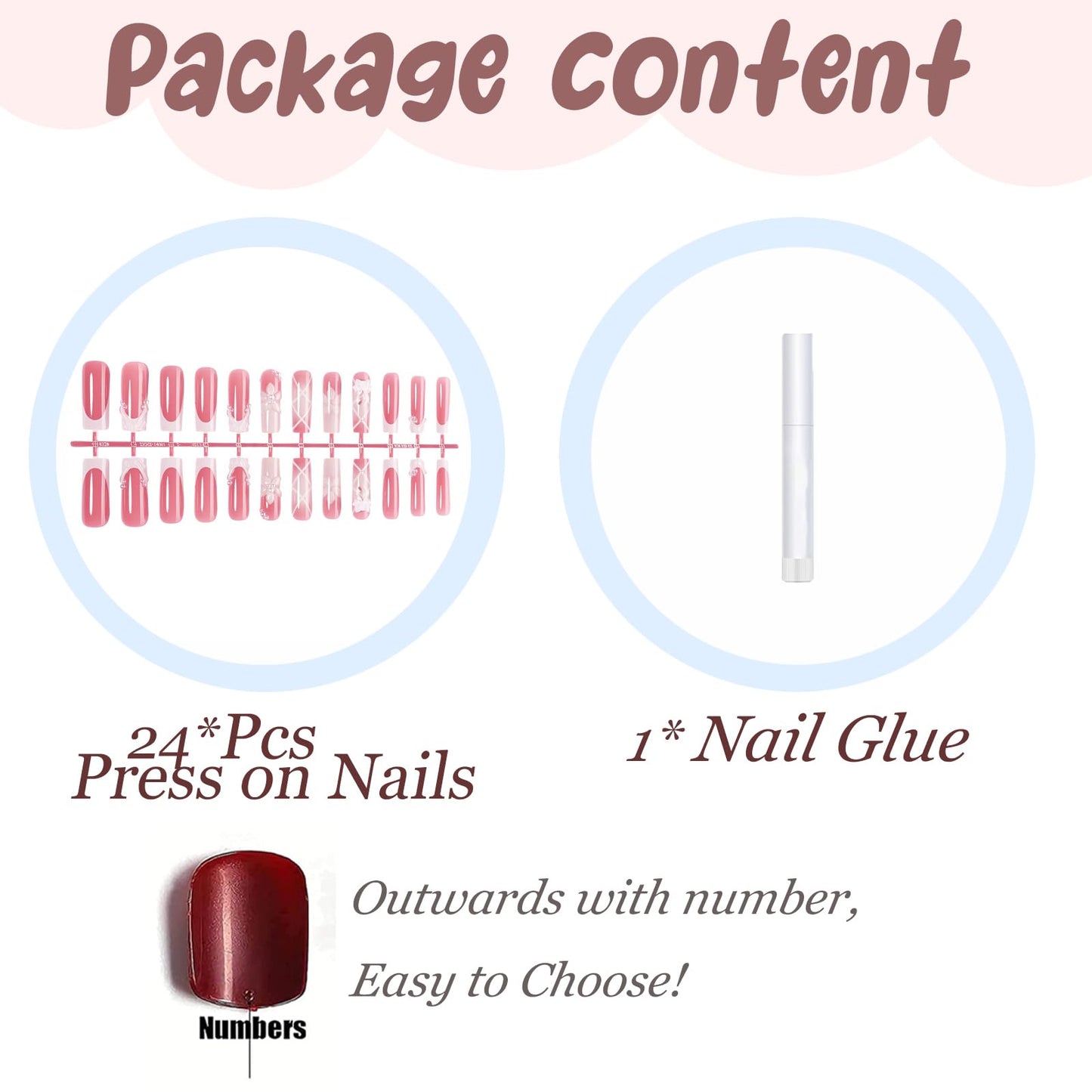 BABALAL Press On Nails, Long Square Fake Nails, Pink French Tip False Nails With 3D White Flower, Bow And Pearl Charm Decor, Reusable Fake Nails Set 24Pcs