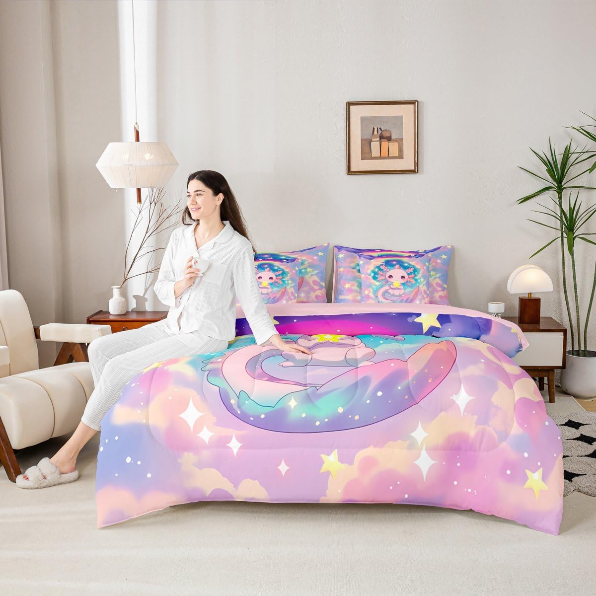 Girls Axolotl Queen Comforter Set Preppy Cute Axolotl Bed in a Bag with Flat and Fitted Sheet for Kids Boys Teens Dreamy Cloud Stars Rainbow 7-Piece Bedding Set Cartoon Ocean Animal Quilt Duvet Sets
