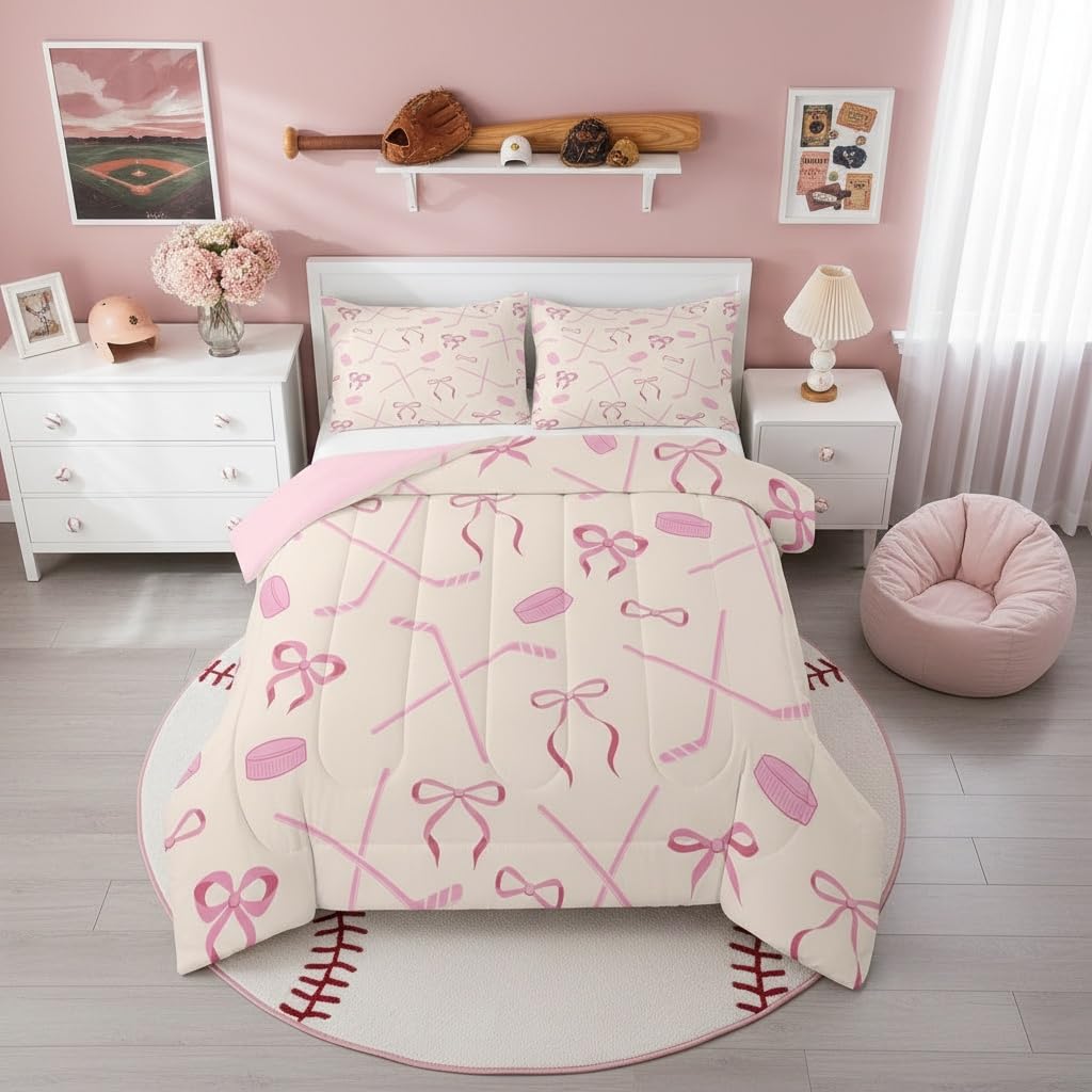 Castle Fairy Ice Hockey Full Bedding Set for Kids Adults,Girls Pink Hockey Stick and Ball Comforter Bed Set,Butterfly Bow Princess Style Quilt Set 3 PCS,Kawaii Girls Woman Duvet Insert,2 Pillow Cases