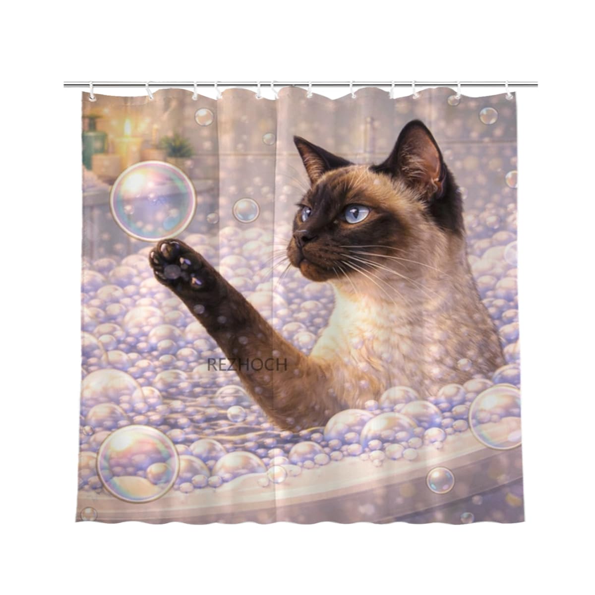 REZHOCH Funny Siamese Cat Shower Curtain 72x72 Inch,Cute Animal Bubble Bathroom Decor,Lovely Bathtub Waterproof Fabric Modern Art Humor Farmhouse Home Bath Set with 12 Hooks