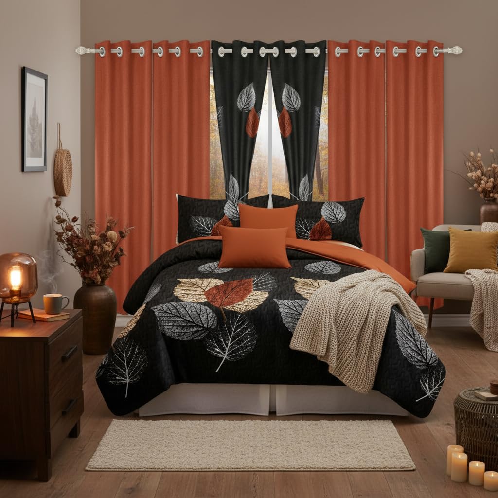 Elegance 9-Piece Leaves King Light Comforter Set, Luxury Bed in a Bag King Bedspread with Matching Curtains Ultra Soft & Breathable Black Brown Floral Bedding, All-Season Decor for Master Suite