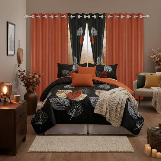 Elegance 9-Piece Leaves King Light Comforter Set, Luxury Bed in a Bag King Bedspread with Matching Curtains Ultra Soft & Breathable Black Brown Floral Bedding, All-Season Decor for Master Suite