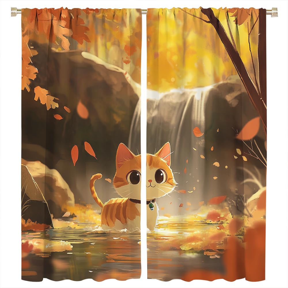 SOPIYRIO Modern Cartoon Cat Blackout Window Curtains Abstract Waterfall Fantasy Forest Animals Rod Pocket Curtains for Bedroom Thermal Insulating Drapes for Living Room 2 Panels 21 W x 45 L inch