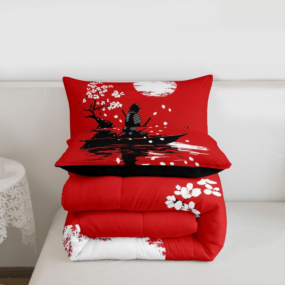 jejeloiu Japanese Samurai Comforter Set All Season Cherry Blossom Bedding Set with 2 Pillow Cases Red Sun Microfiber Kids Queen Bedclothes Japanese Ukiyoe Bedroom Decor Duvet Quilt Breathable Soft