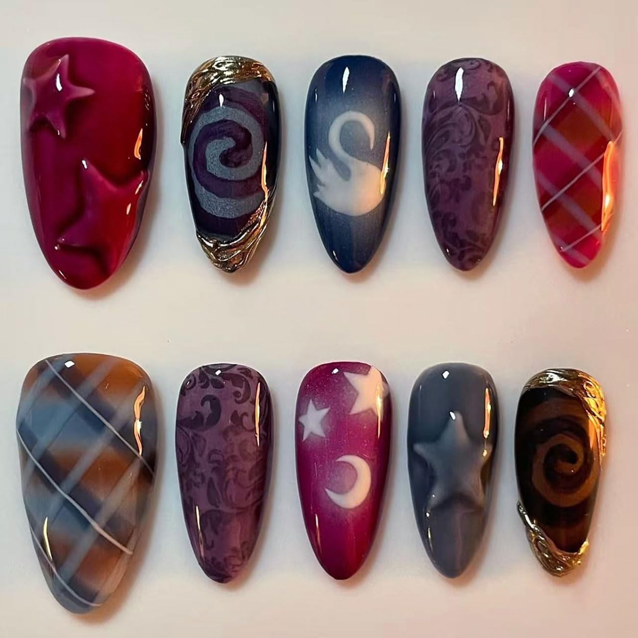 Press on Nails Almond Medium Red Fake Nails French Tip False Nails Press ons with Swan Grid Design Glue on Nails Artificial Acrylic Nail Art Glossy Full Cover Stick on Nail Supplies for Women 24Pcs