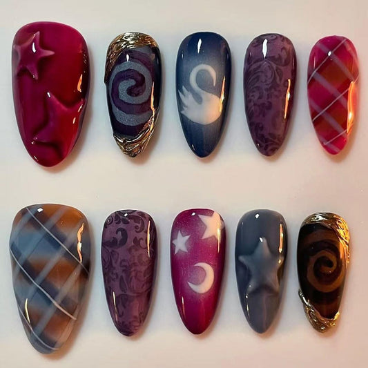 Press on Nails Almond Medium Red Fake Nails French Tip False Nails Press ons with Swan Grid Design Glue on Nails Artificial Acrylic Nail Art Glossy Full Cover Stick on Nail Supplies for Women 24Pcs