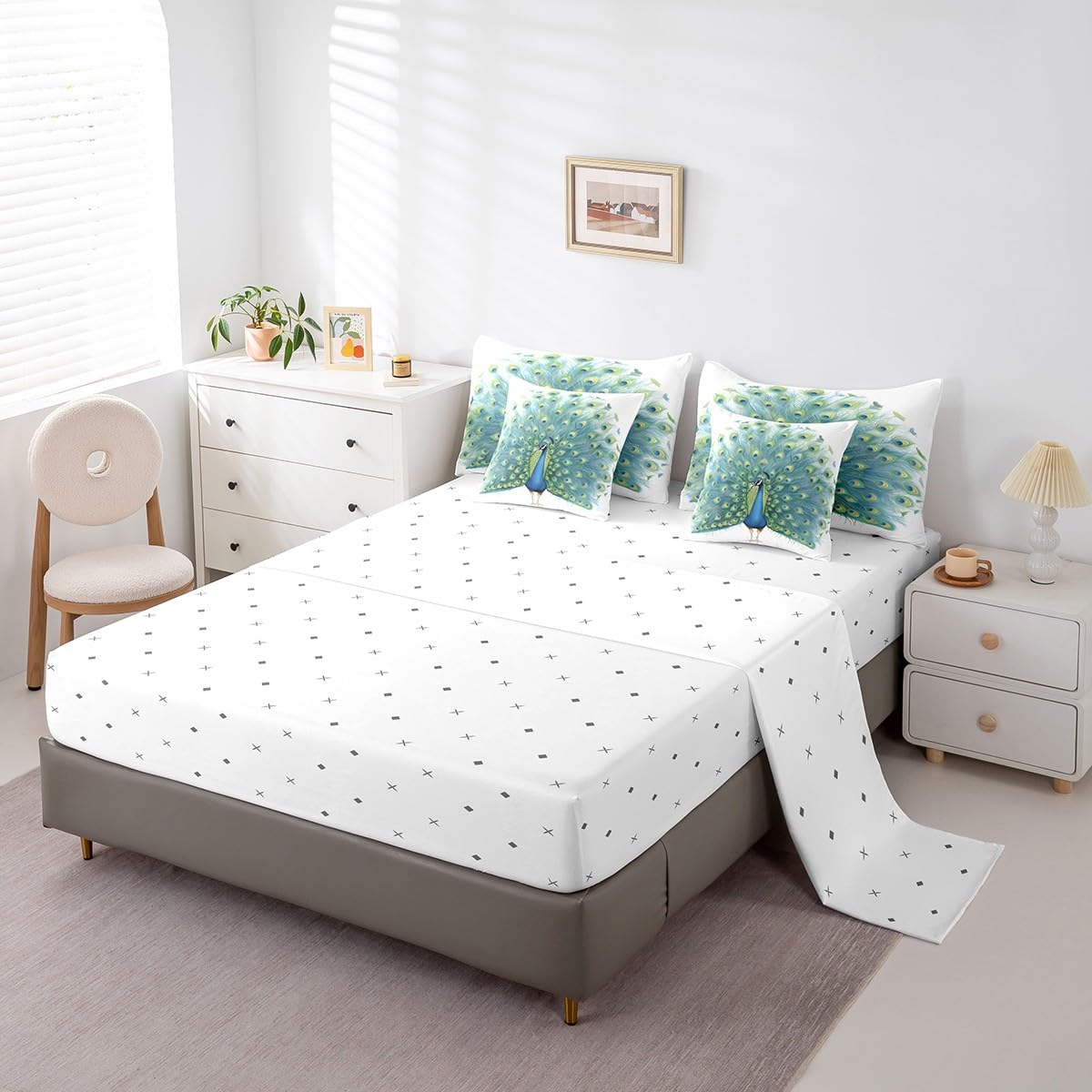 Erosebridal Peacock Comforter Set 7 Piece Bed in a Bag Twin,Watercolor Feather Bedding Sets Rustic Aesthetic Peahen Peafowl Comforter and Sheet Set,Wild Animals Bed Set