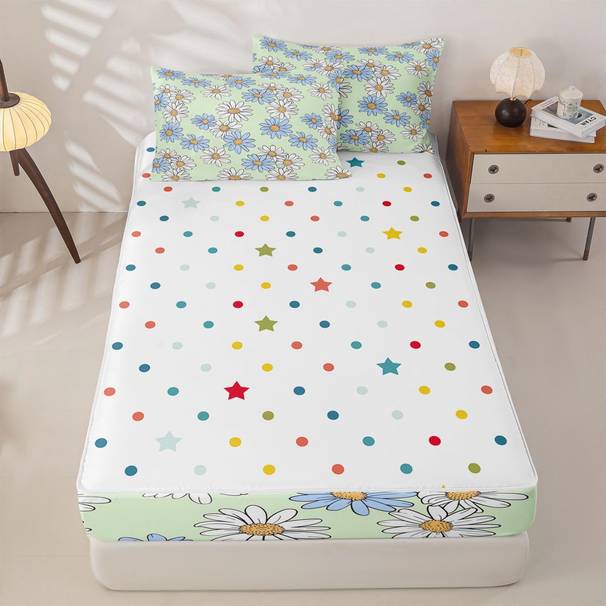 Feelyou Cute Floral Zipper Bedding Queen Cartoon Green Daisy Flower Bedding Sets for Kids Boys Girls Botanical Aesthetic Comforter Set with Fitted Sheet 2 Pillowcases One Zipper Bed Set