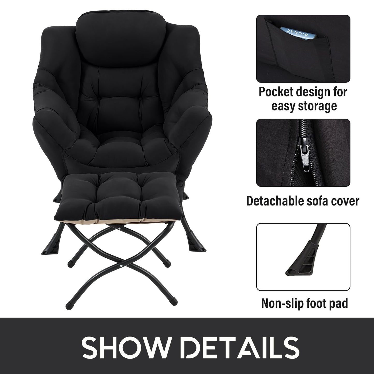 LITA Lazy Chair with Ottoman, Modern Accent Leisure Upholstered Sofa Chair, Contemporary Lounge Reading Chairs with Armrests and a Side Pocket for Living Room, Bedroom & Small Space, Black