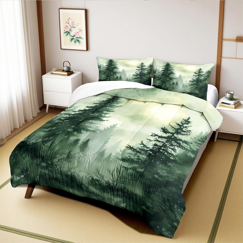 CCoutueChen Olive Green Botanical Comforter Set King Size Green Woodland Forest Tree Comforters Ombre Nature Landscape Bedding Set Army Green Pine Trees Bedding Ultra Soft Microfiber