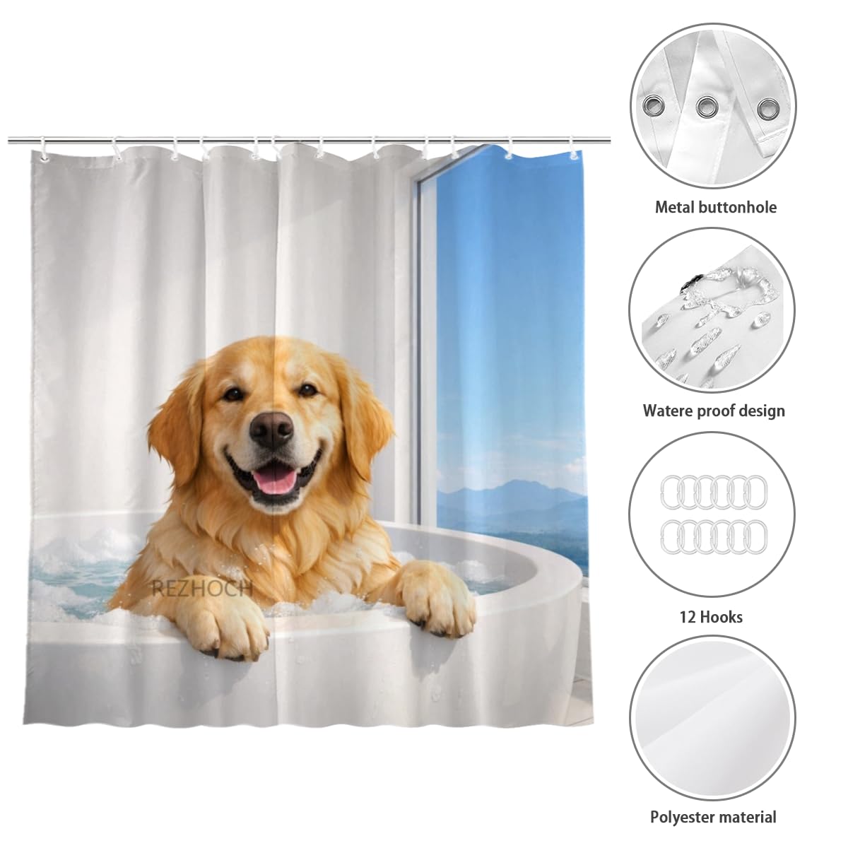 REZHOCH Funny Golden Retriever Shower Curtain 72x72 Inch Cute Animal in Bathtub Home Bathroom Decor Minimalist White Modern Art Waterproof Fabric Contemporary Gift Bath Set with Hooks