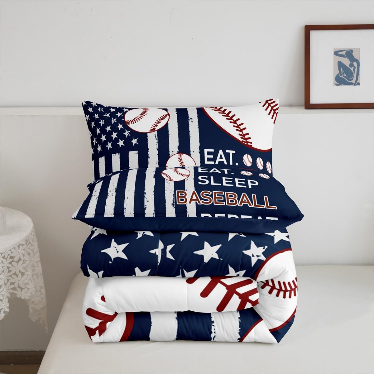 Feelyou Baseball Kids Boys Girls Bedding Set Queen Size Baseball Gaming Comforter Set Ultra Soft Gift for Baseball Lover Comforter Flag Print Duvet Quilt Bedroom Decor Softball Quilt