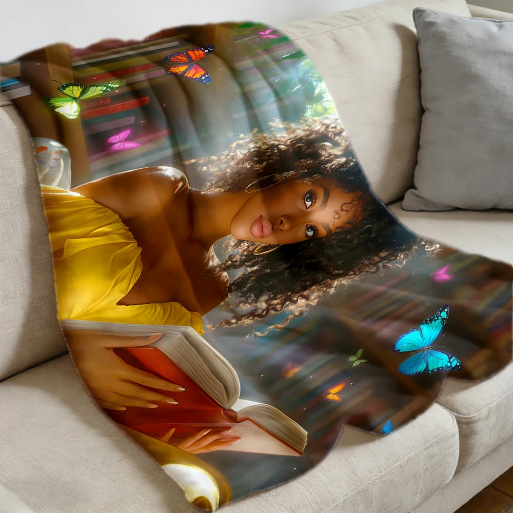 ZHOUSHUTONG Black Woman Reading Book Flannel Throw Blanket Cozy Warm Colorful Book Butterfly Blankets Lightweight Fuzzy Soft African American Girl Flannel Blanket for Couch Bed Sofa Girls 49"x59"