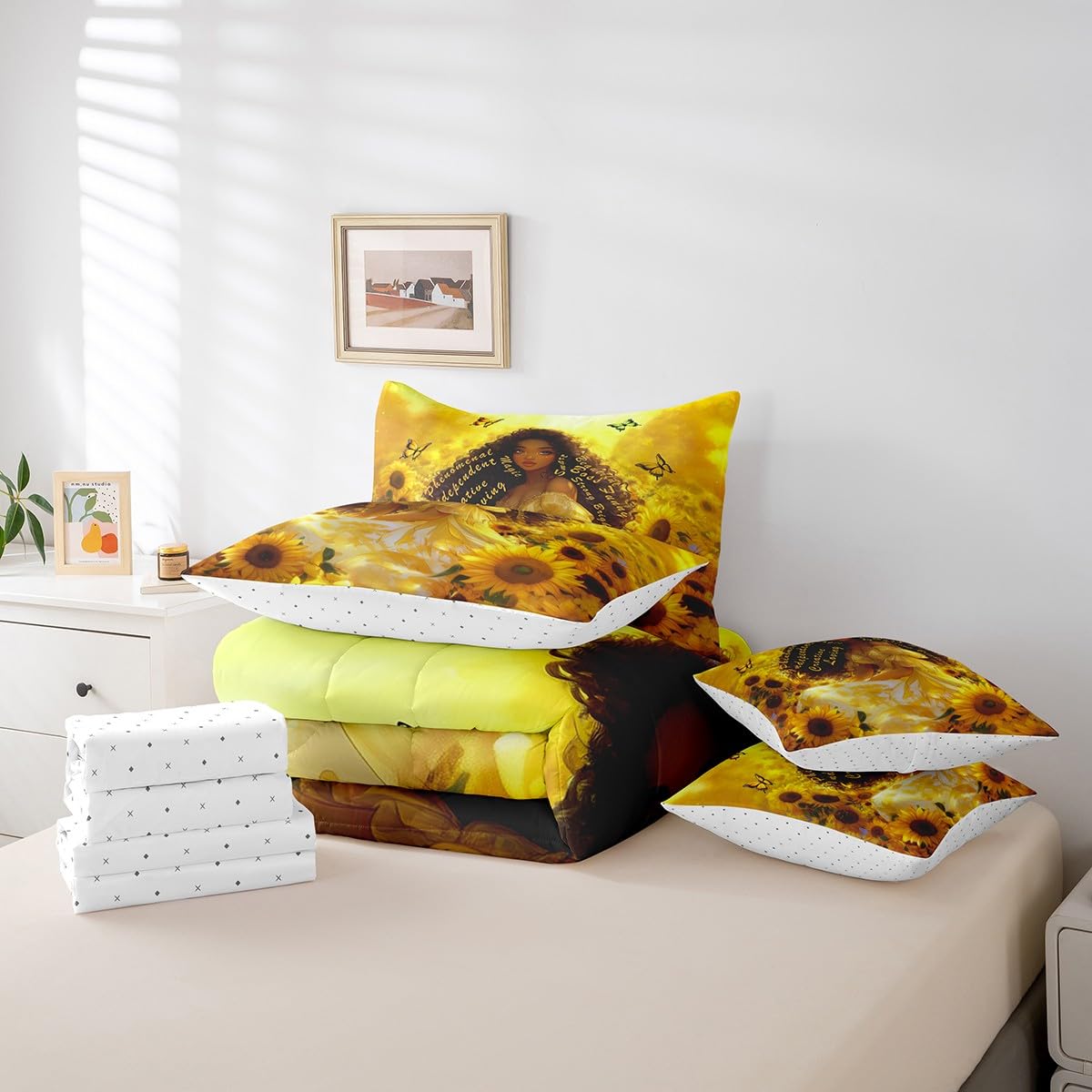 Castle Fairy Girl Sunflower Bed in a Bag Comforter Set,American Inspirational Quotes Twin Size 7 Pieces for Kids Teens,Golden Flowers Bedding Set with Comforter, Sheet Set, Pillowcases, Pillow Covers