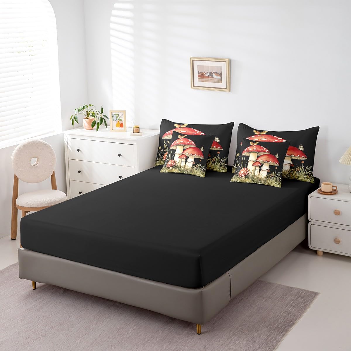 Erosebridal Mushroom Comforter Set King Size,Flying Butterflies Bedding Set for Kids Teens,Cute Red Fungus (Comforter+Fitted+Flat Sheet+2 Pillowcases+2 Throw Pillow Covers) 7 Pieces Bed Set