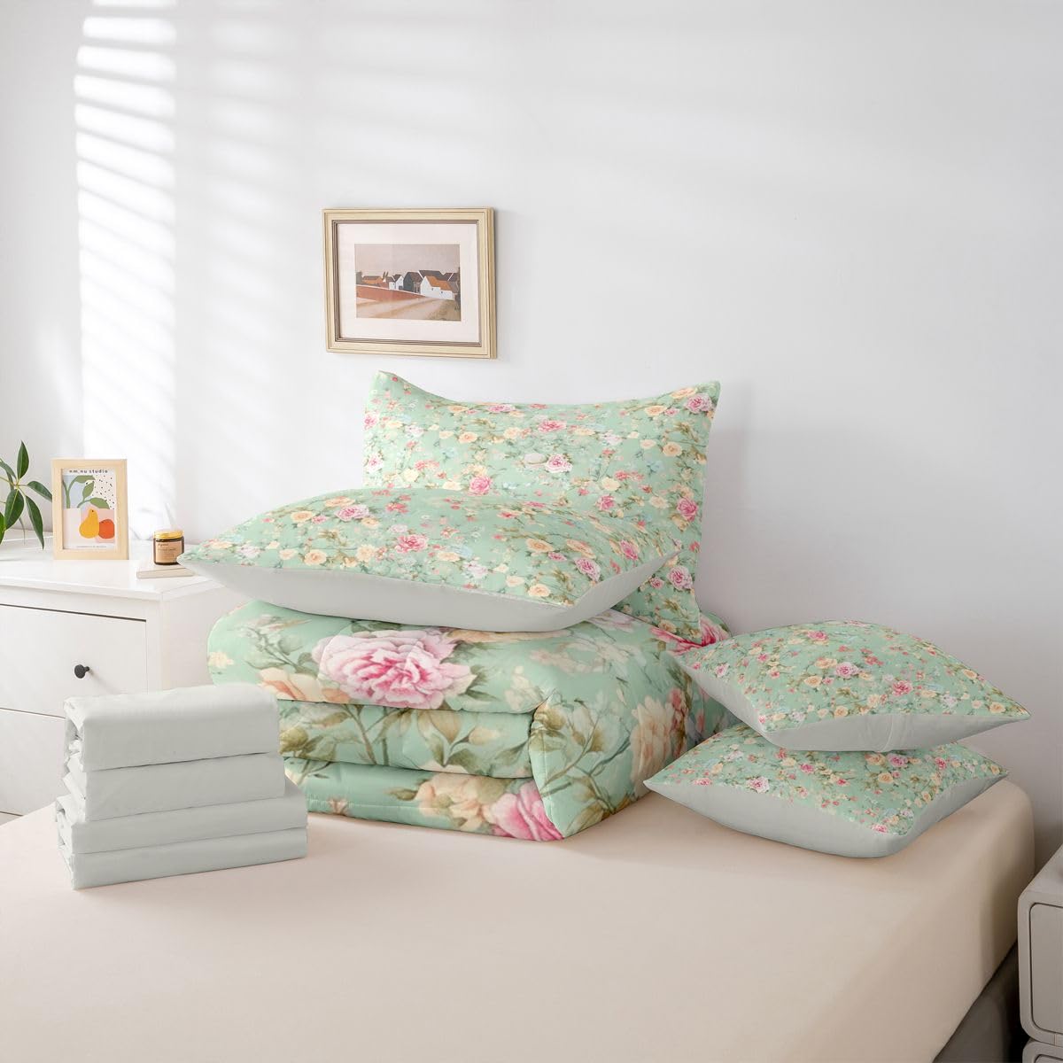 Erosebridal Rose 7 Piece Bedding Set Queen Flower Comforter Set with Sheets Yellow Pink Rose Branch Pretty Bed in a Bag Ink Painting Flowers Plants for Kids Boys Girls