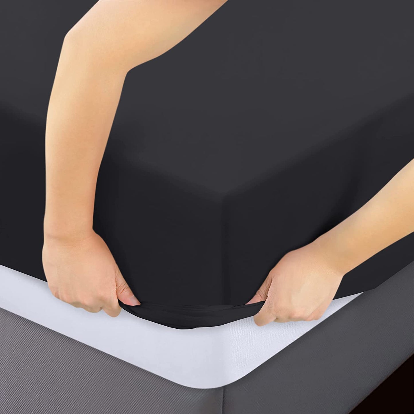 NHNHN Fitted Sheet-Deep Pockets-Soft Microfiber-Easy Care-Shrinkage and Fade Resistant-Fitted Sheets Queen Size for Girl Woman Teens Kids-Only 1 Fitted Sheet (Queen, Black)