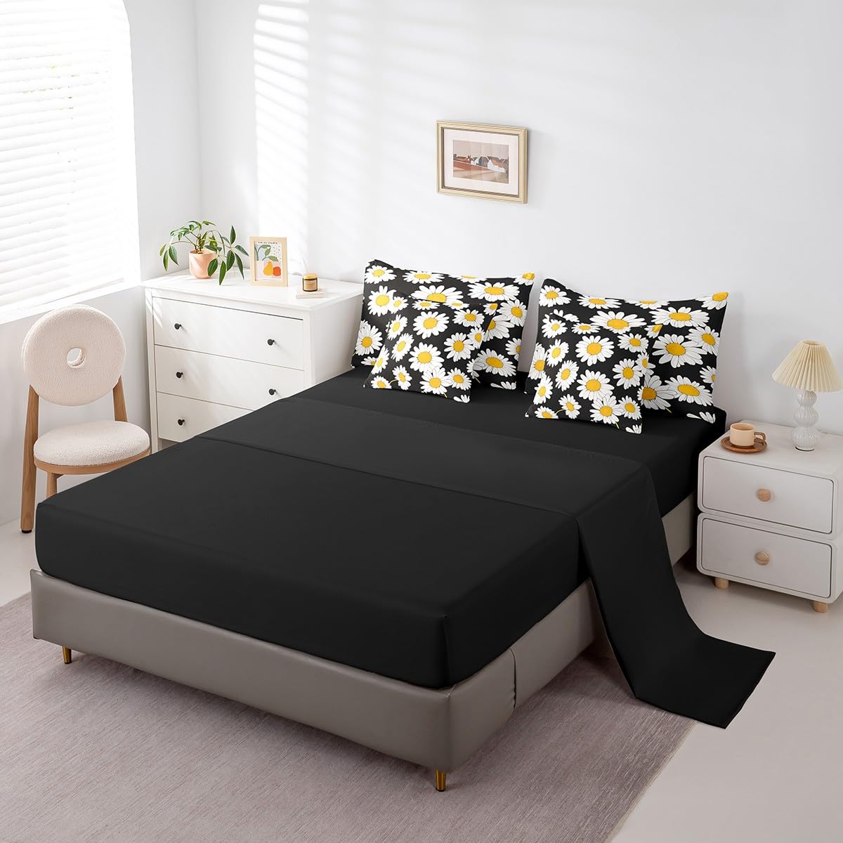 Erosebridal Daisy Floral Comforter Set 7 Piece Bed in a Bag Twin,Fashion Flowers Bedding Sets Abstract Blossom Theme Comforter and Sheet Set,Rustic Aesthetic Plant Bed Set