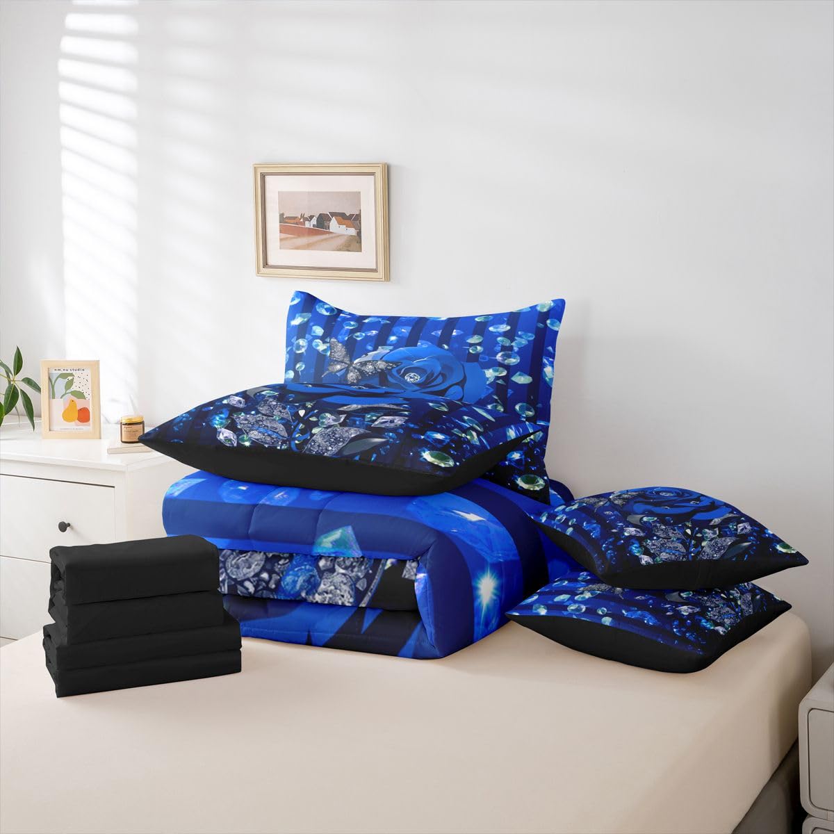Erosebridal Blue Rose Floral Queen Bedding Set 7 Piece Romantic Valentine Bed in A Bag with Sheets Stripes Diamond Butterflies Comforter Set for Women Men Adults,Lovers Modern Fashion Bed Sets