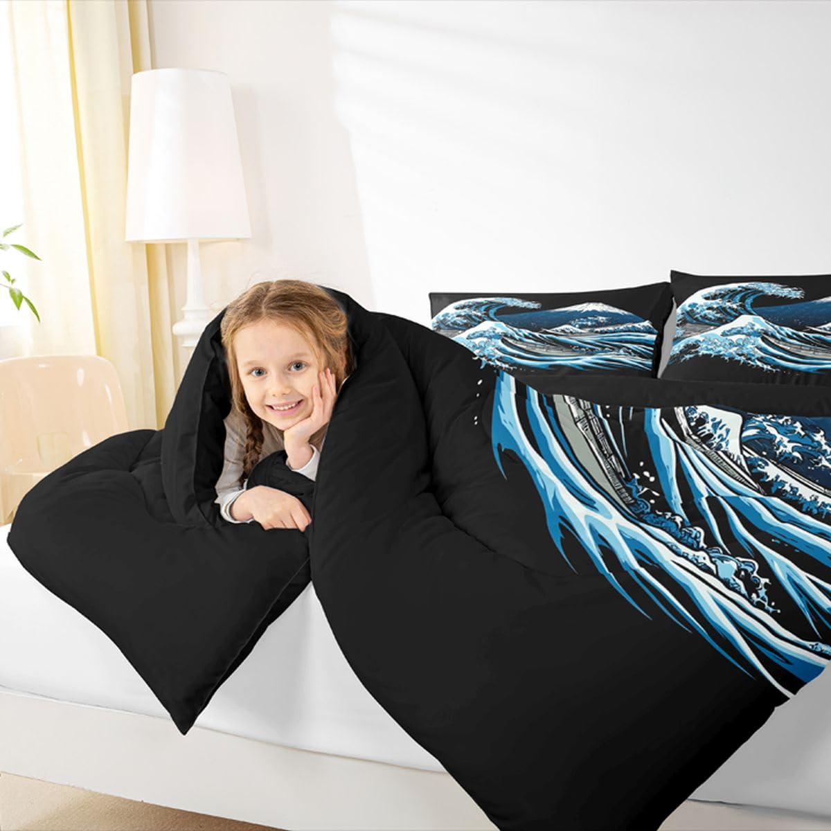 jejeloiu Wave Pattern Comforter Set Queen Size Japanese Style Bedding Set for Kids Boys Girls Mountain Duvet Quilt Ocean Wave Bedroom Decor Microfiber 3 Pcs with 2 Pillow Cases