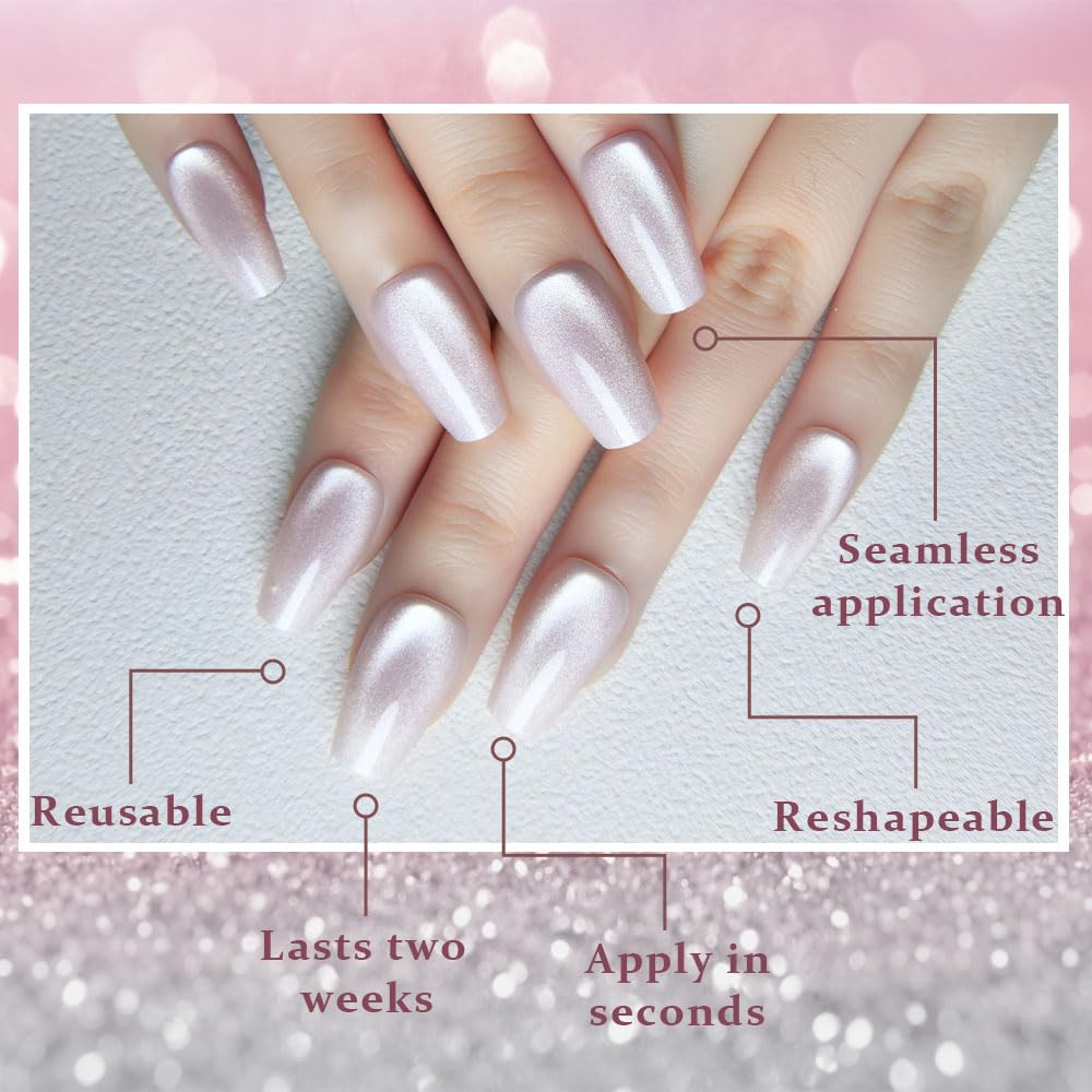 evpct Pearl White Nude Cat Eye Coffin Press on Nails Medium Square No Glue, Stick on Nail Medium Square for Women, Pearl Metallic Glitter Glossy Reusable Soft Press on Acrylic Fake Nail with Designs