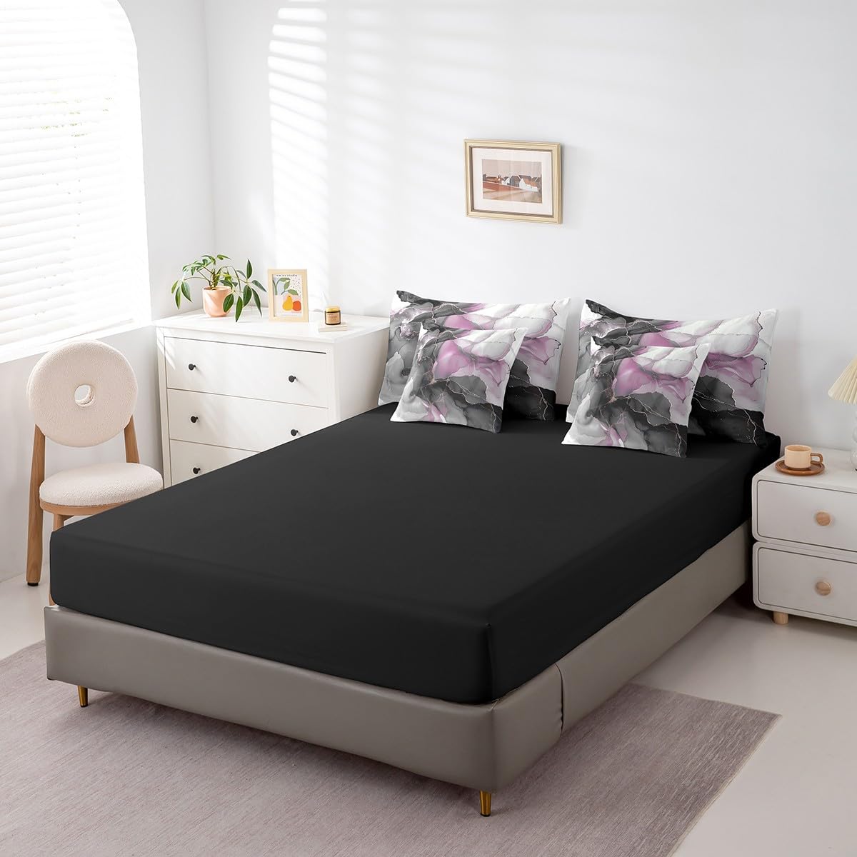 7 Pieces Girls Black and Pink Bedding Comforter Sets Modern Marble Bed in a Bag, Gold Metallic Full Bedding Sets Chic Foil Print Comforter Set, Abstract Mountain Fluid Bedding Sets & Collections