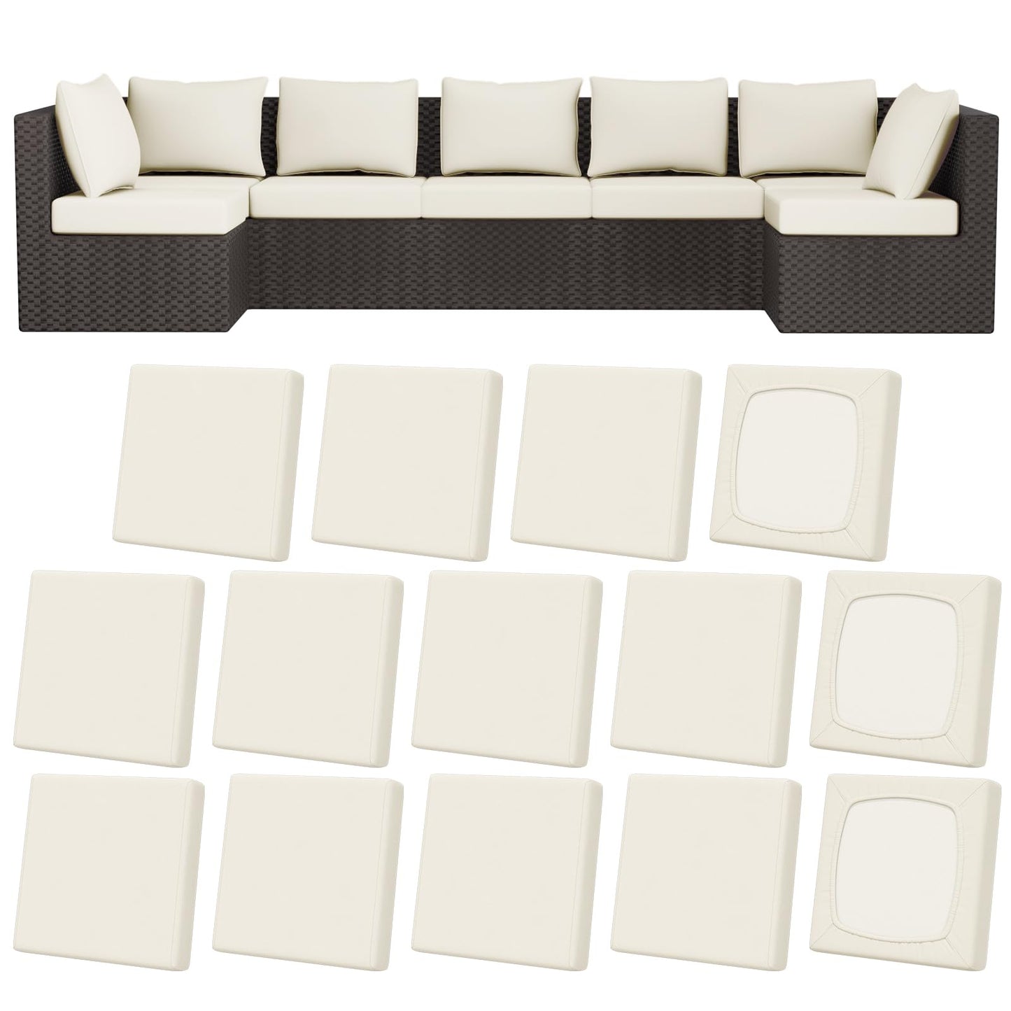 Vorshape 14Pcs Patio Stretch Cushion Covers, Outdoor Couch & Sofa Replacement Slipcovers for Patio Furniture Cushion Covers, Washable Reusable Furniture Protector, Square Large, Beige
