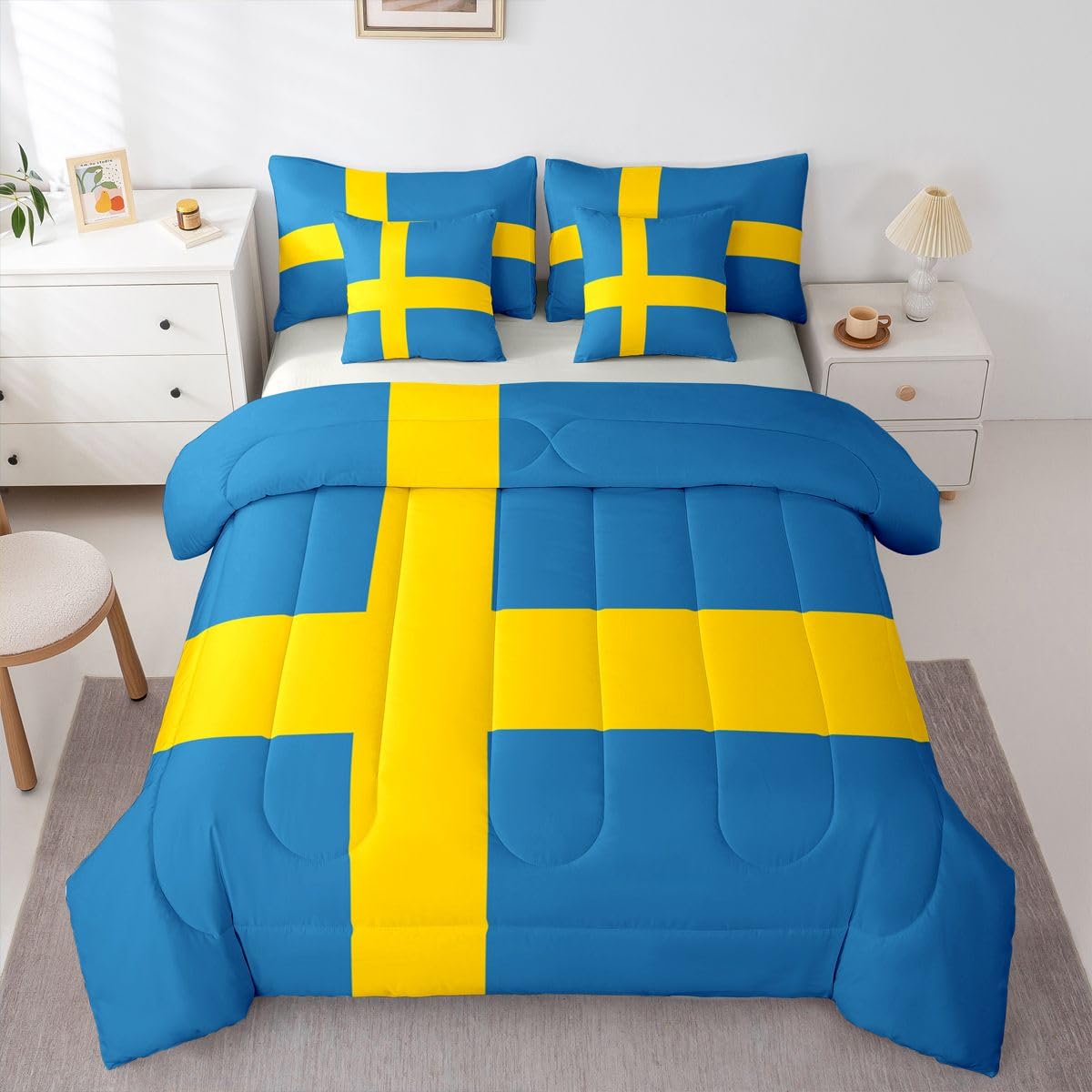 Feelyou Swedish Flag Comforter Set King Size 7 Pieces Sweden‌ Bedding Set for Kids Boys Girls World Countries Bed in a Bag with Sheets Bedroom Decor All Season Quilted Breathable Soft Lightweight