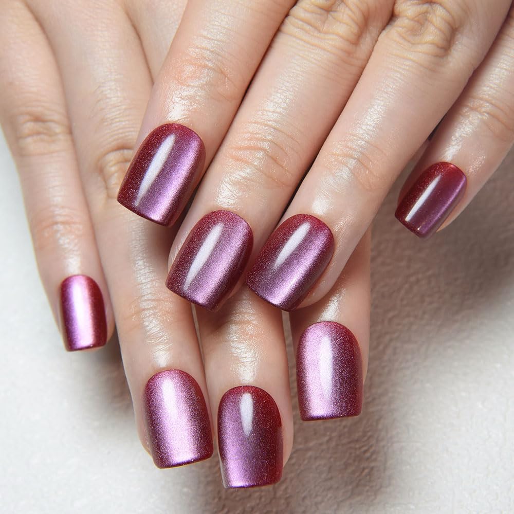 evpct Mauve Cat Eye Extra Short Square No Glue Press on Nails, Petite Short Square Stick on Nails for Women Gift, Glossy Holographic Fake Nails Reusable Press on Acrylic Fake Nail with Designs