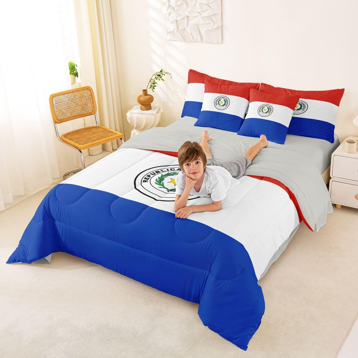 Feelyou Paraguayan Flag Comforter Set King Size 7 Pieces Paraguay Bedding Set for Kids Boys Girls World Countries Bed in a Bag with Sheets Bedroom Decor All Season Quilted Breathable Soft Lightweight