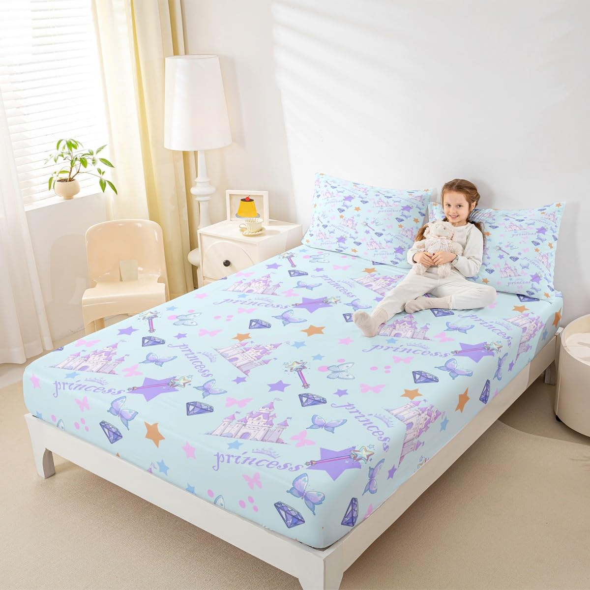 Feelyou Cartoon Castle Fitted Sheet Twin Size for Kids Boys Girls Blue Princess Bed Sheets Set 16" Deep Pocket Soft Breathable Microfiber Cute Butterfly Bedding with 1 Pillowcase Magic Room Decor