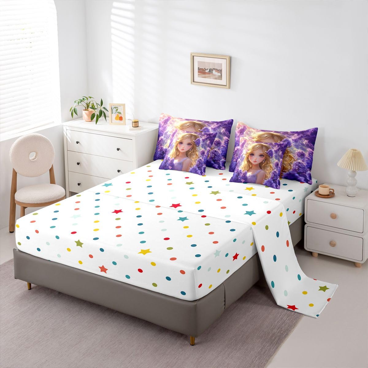 Erosebridal Japanese Anime Bed in A Bag for Kids Girls,Kawaii Lavender Girl Bedding Set Romantic Dreamy Cartoon Girl Twin Comforter Set 7 Piece Purple Aesthetic Cherry Blossom Butterfly Bed Set
