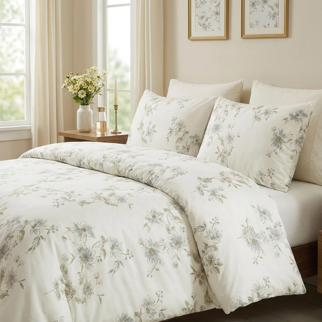 Cozaline 100% Cotton Duvet Cover Set King – Cream Fresh Watercolor Floral Bedding Set 3 Pieces, Ultra Soft Reversible Comforter Cover with Zipper Closure, Nature-Inspired Botanical Bed Set