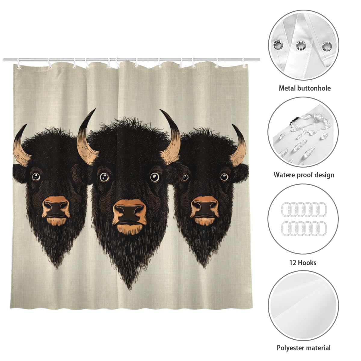 KEEPAEON Funny Bison Bath Shower Curtain, Bathroom Curtain Washable Cloth Kids Shower Curtain Sets with 12 Hooks for Bathroom Decor, 72"x72"