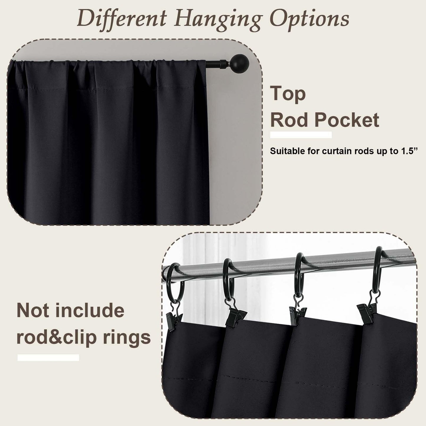 Gwine Black Blackout Curtains for Bedroom 63 Inch Length - Thermal Insulated Light Blocking Window Curtain Panels, Solid Room Darkening Drapes for Living Room, 2 Panels, Each W40 x L63