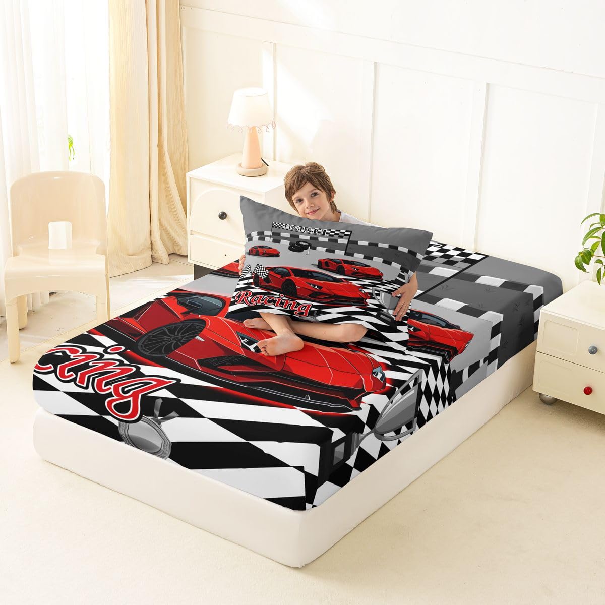 Feelyou Boys Sports Car Fitted Sheet with 1 Pillowcase Twin Size Red Speed Race Car Bed Sheets Set 16" Deep Pocket Boys Girls Racing Extreme Sports Bedding Teens Bedroom Decor Breathable Lightweight