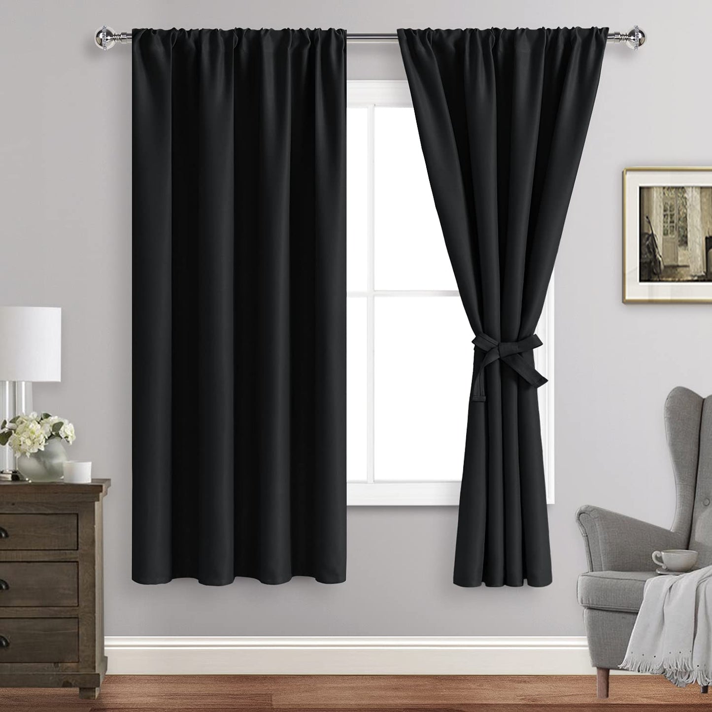 JIUZHEN Blackout Curtains for Bedroom– Thermal Insulated,Noise Reducing Room Darkening Rod Pocket Curtains for Living Room, Set of 2 Panels with Tiebacks, 42 x 63 inch Long, Black