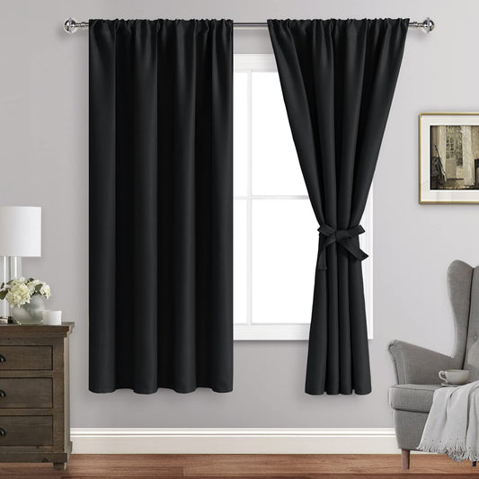 JIUZHEN Blackout Curtains for Bedroom– Thermal Insulated,Noise Reducing Room Darkening Rod Pocket Curtains for Living Room, Set of 2 Panels with Tiebacks, 42 x 63 inch Long, Black