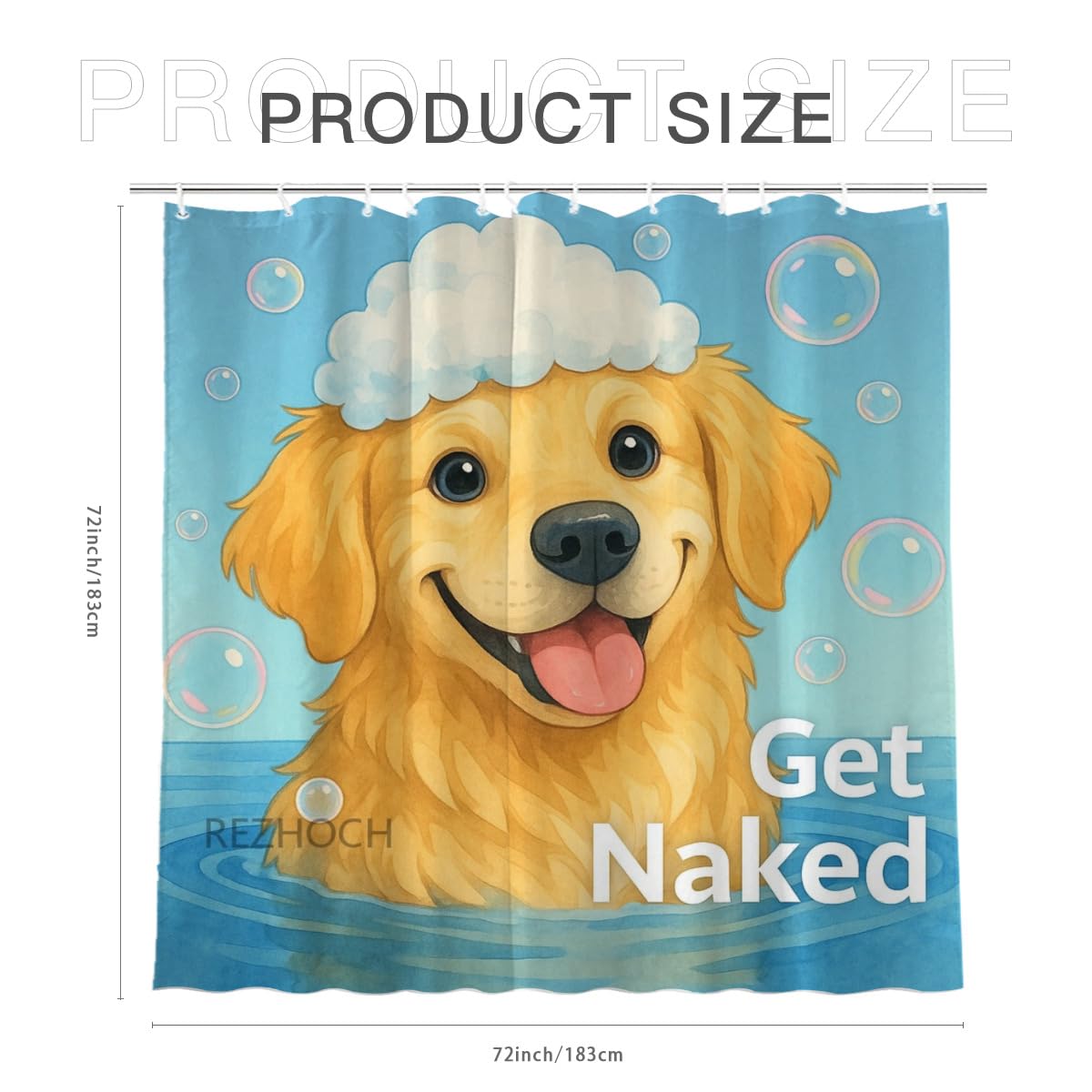 REZHOCH Funny Golden Retriever Shower Curtain Durable Waterproof Fabric Bathtub Sets Cute Animals Bath Time Bubbles Playful Get Naked Art Home Bathroom Decor 72x72inch with 12 Hooks
